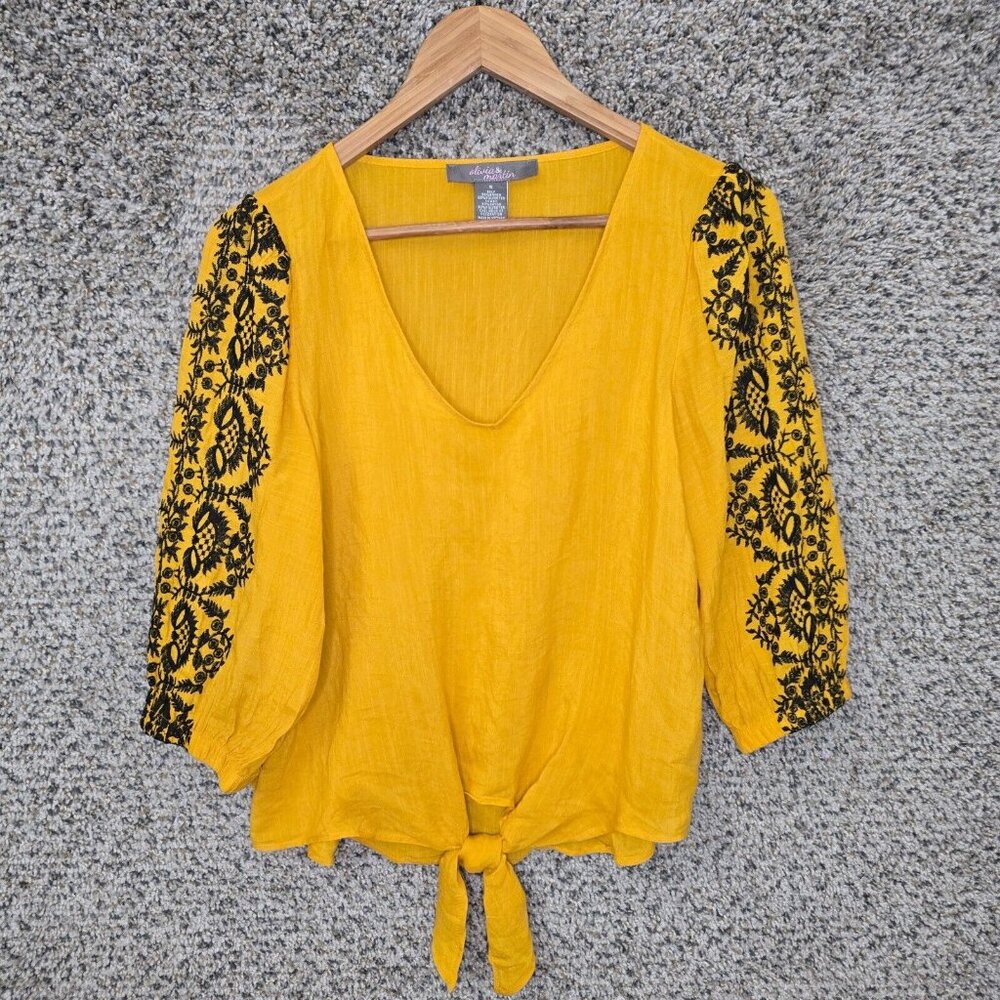 Olivia & Martin Top Womens Small Oversized Yellow V Neck Blouse Embroideredβ